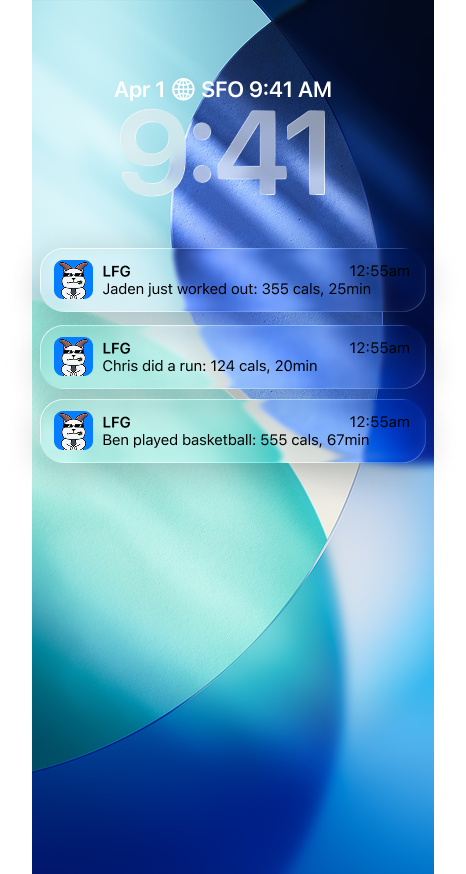 LFG friend workout notifications on a phone lock screen