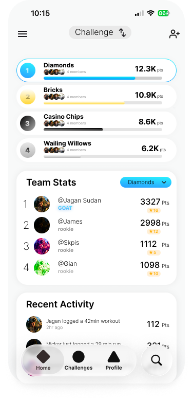 LFG team challenge leaderboard and recent activity screen